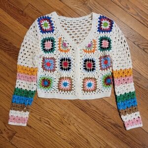 Crochet Granny Square Cardigan Cream Multicolor Boho Hippie Festival
